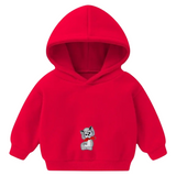 Poes Kat Poesje Strijk Embleem Patch Grijs op een kleine rode baby hoodie