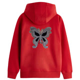 Vlinder Op Naai Embleem Patch Reversible Paillette Zilver Rood op de rugzijde van een rode hoodie