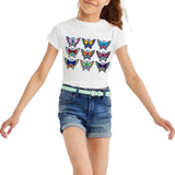 Vlinder Strijk Embleem Patch Multicolor Set 9 stuks op een wit t-shirtje