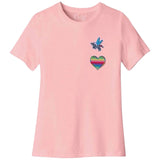 Hart Regenboog Glitter Strijk Embleem Patch samen met een eenhoorn strijk patch op een roze t-shirtje