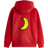 Banaan Reversible Paillette Strijk Embleem Patch op de rugzijde van een rode hoodie