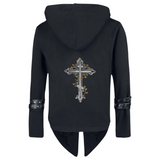 Kruis Cross Strijk Embleem Patch Zilver op de rugzijde van een zwarte Gothic jas