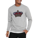 Kroon Paillette Strijk Applicatie Patch Rood Zwart Goud op een grijze sweater