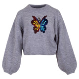 Vlinder Artistiek Strijk Embleem Patch op een grijze sweater