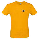 Vlinder Strijk Applicatie Embleem Patch Geel op een oranje t-shirt