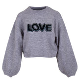 Love Paillette Tekst Strijk Embleem Patch op een grijze sweater