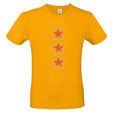 Drie maal de Ster Paillette Oranje Glitter Strijk Embleem Patch op een oranje t-shirt