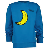 Banaan Reversible Paillette Strijk Embleem Patch op een blauwe sweater