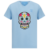 Sugar Skull Doodskop XL Strijk Embleem Patch op een lichtblauw t-shirt