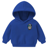 Uil Uiltje Uilen Strijk Embleem Patch Boy Tekst Blauw op een kleine blauwe hoodie
