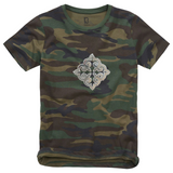 Tribal Paillette Zilver Grijs Sequins Cosplay Strijk Embleem Patch op een shirtje met camouflage print