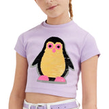 Pinguïn Reversible Paillette Op Naai XL Patch op een lila t-shirtje