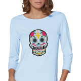 Sugar Skull Doodskop XL Strijk Embleem Patch op een lichtblauw shirt