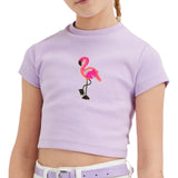 Flamingo Paillette Strijk Embleem Patch Small op een lila t-shirtje