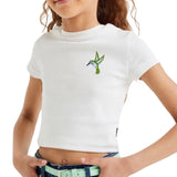 Kolibrie Vogeltje Strijk Embleem Patch op een wit t-shirtje