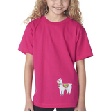 Lama Alpaca Strijk Embleem Patch Wit po[ een fuchsia roze  t-shirt