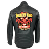 Thunder Road Motorcycle Hard Core Pure Evil Biker Tekst XXL Strijk Embleem Patch op de rugzijde van een zwart kuststof leren  jack