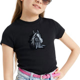 Paard Pony Strijk Embleem Patch op een zwart t-shirtje