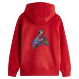 Papegaai Paillette Strijk Embleem Patch op de rugzijde van een rode hoodie