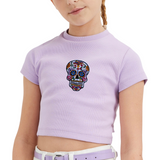 Sugar Skull Strijk Embleem Patch Wit op een lila t-shirtje