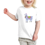 Lama Alpaca Strijk Embleem Patch Lila op een wit t-shirtje