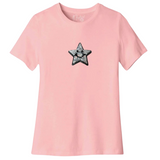 Smiley Ster Reversible Paillette Strijk Embleem Patch van roze naar zilver op een roze t-shirtje