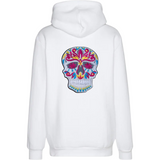 Sugar Skull Versierde Schedel XL Strijk Embleem Patch op de rugzijde van een witte hoodie