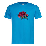 Pioen Roos Bloem Bloemen Strijk Embleem Patch op een blauw t-shirt