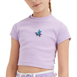 Eenhoorn Vleugels Strijk Embleem Patch op een lila t-shirtje