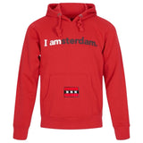 Amsterdam Vlag Wapen Strijk Embleem Patch op een rode hoodie met ! Love Amsterdam tekst