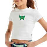 Vlinder Groen Strijk Applicatie Embleem Patch op een wit t-shirtje