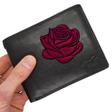 Roos Bloem Bordeaux Rood Strijk Embleem Patch op een zwarte portemonnee