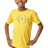 Bloesem Vlinder Geel Wit Strijk Embleem Patch Set op een geel t-shirtje