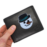 Sneeuwpop Paillette Strijk Embleem Patch op een zwarte portemonnee