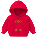 Twee maal de Tribal Paillette Rood Cosplay Sequins Strijk Embleem Patch op een kleine rode hoodie