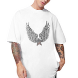 Vleugel Paillette XL Strijk Embleem Patch Set opgekeerd op een wit t-shirt samen met een zilverkleurige paillette ster strijk patch