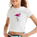 Flamingo Tropische Strijk Embleem Patch op een wit t-shirtje