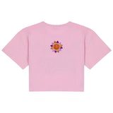 Zon Smiley Oranje Roze Strijk Embleem Patch op een roze kort shirtje