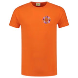 Zon Smiley Oranje Roze Strijk Embleem Patch op een oranje t-shirt