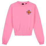 Zon Smiley Oranje Roze Strijk Embleem Patch op een roze sweater