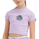 Roos Rozen Bloem Bloemen Strijk Embleem Patch Wit op een lila t-shirtje