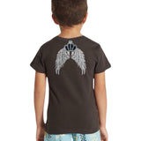 Kroon Strass Strijk Embleem Patch Antraciet samen met een paar zilverkleurige vleugel patches op een t-shirtje