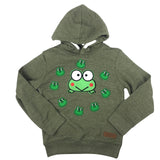 acht maal de Kikker Kop Strijk Applicatie Patch samen met een grote kikker patch op een groene hoodie