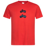 Motor Brommer Bromfiets Strijk Embleem Patch Blauw samen met de rode variant op een rood t-shirt