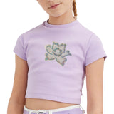 Roos Rozen Paillette Strijk Embleem Patch Wit op een lila shirtje