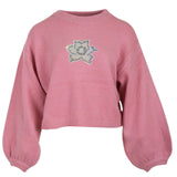 Roos Rozen Paillette Strijk Embleem Patch Wit op een roze sweater