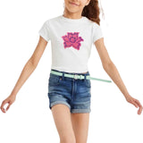 Roos Rozen Paillette Strijk Embleem Patch Roze op een wit t-shirtje