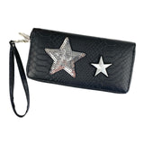 Paillette Ster Strijk Embleem Patch Zilver samen met een kleine ster strijk patch op een portemonnee 
