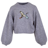 Vogel Kraanvogel XL Strijk Embleem Patch Links op een grijze sweater