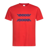 Twee maal de Cosplay Sequins Venetiaans Kant Strijk Applicatie Patch Blauw Goud op een rood t-shirt